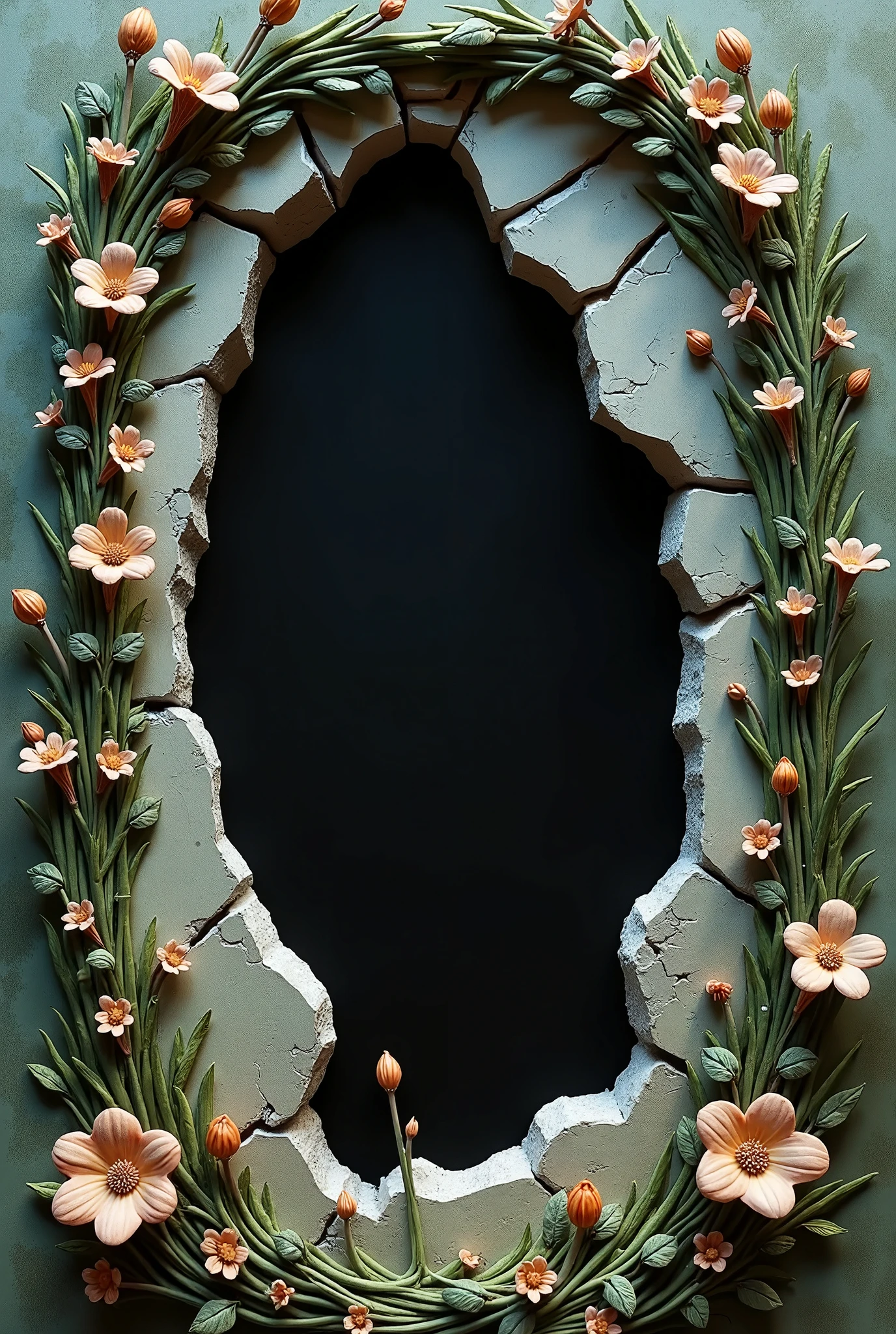 clay sculpted modeling of a frame torn in half, with a dark, flat void in the center, on a background with an arch made of stylized plants sculpted in clay, bringing a magical feeling with the essence of this book. Please external transparency background.