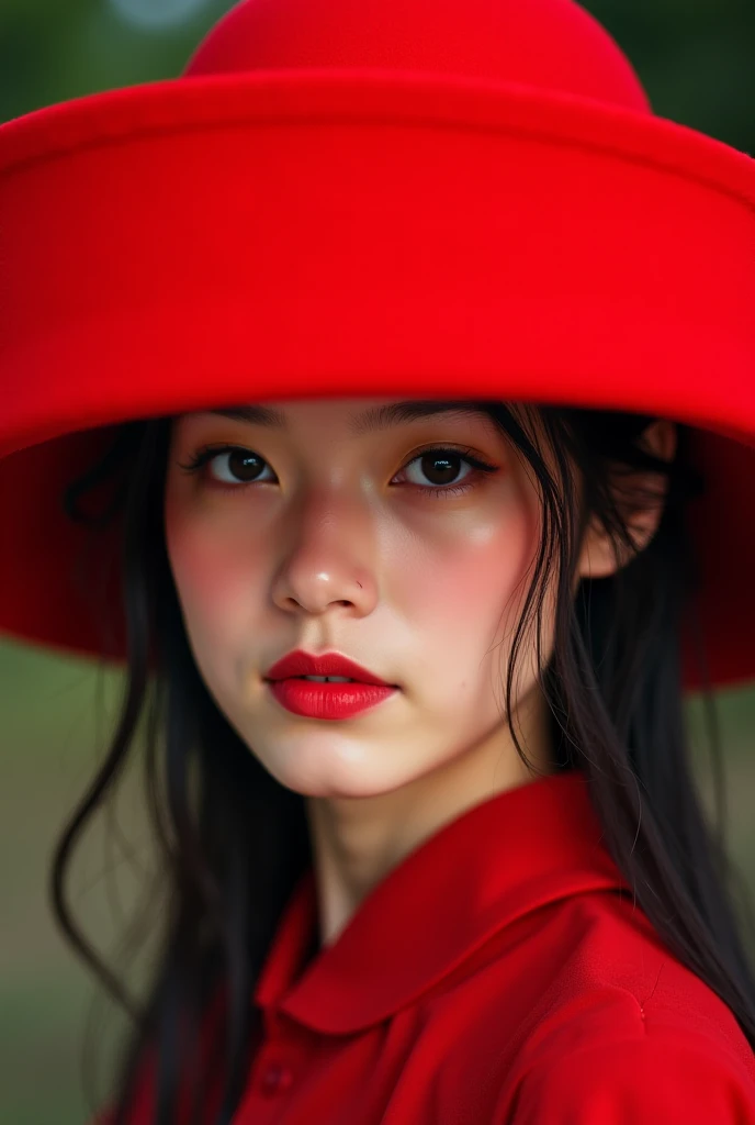 woman 20 years young, Thai, face closeup, makeup, red blazers, hat, big breast, dynamic, hard shadows portrait dark, highres, high quality, high resolution, hd, 4k, masterpiece, realistic