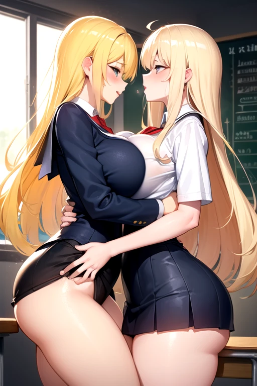 Lesbian (very long loose yellow hair)(big breasts, big thighs)(with school uniform clothes it is very tight) that he is kissing at school with his girlfriend,(big breasts, big thighs)lesbian love