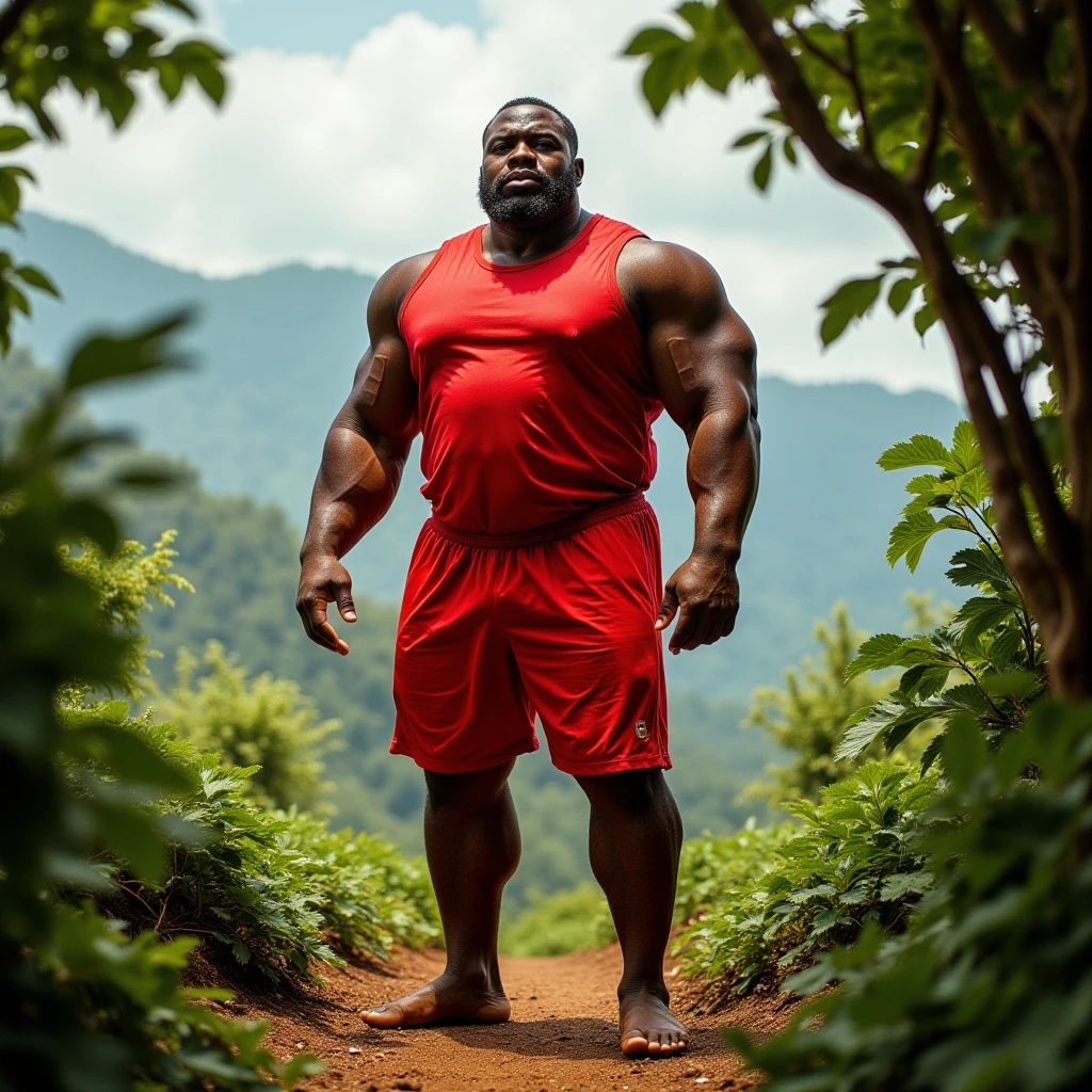 There is only one handsome Asian actor in the photo，35 years old，High target, Fitness，short hair, O-Shaped Beard，Perfect body, Dark skin color，Radiant Skin，Smooth skin，Muscle bulge, muscular, Very large pectoral muscles，Very sexy abdominal muscles，Very well-developed leg muscles，Huge concave and convex area，Brightens oily skin，Wearing a gold leather shiny thong，Handsome face， Correct and accurate male body proportions, Wear black socks，Stand in the rainforest，Lots of tropical flowers around。
