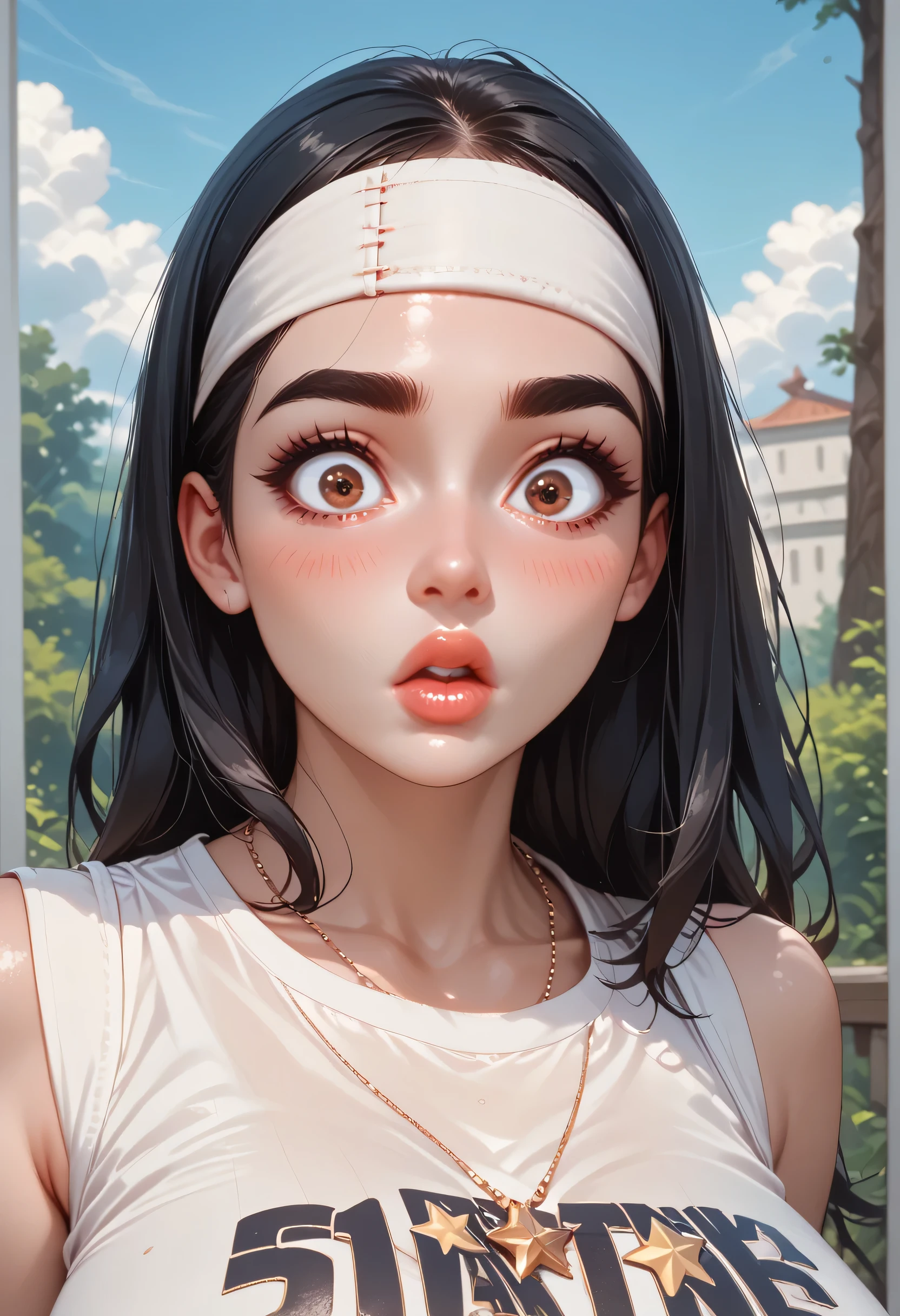 perfect face, face, long hair, black hair, (bandhead), (white bandhead), black eyebrows, thick eyebrows, brown eyes, big eyes, black eyeliners, blush, nose, thick lips, (surprised), big lips, beautiful woman, necklace star, huge breasts, tank top, white tank top, forest, cloud sky