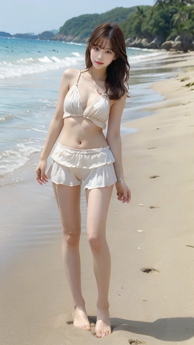 best quality, ultra-high res, (photorealistic:1.4), black hair, bangs, white super sexy bikini, full body, Seen from a distance, high heels, little smile, glare, Stand in the beach, white skin, feminine, crotch cleavage