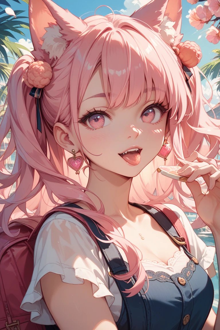 Soft and gentle pattern,anime illustration,Her hair is pink and has twin tails.,((Big strawberry hair clip in a knot)),Her twintail hair is permed and fluffy.,girl with pink eyes,her face is cute、Confident smile,Appearance of about 12 years old,((small breasts:1.5)),((Whole cake with lots of strawberries)),Fancy background in pastel colors,((A cute smile with an open mouth)),
