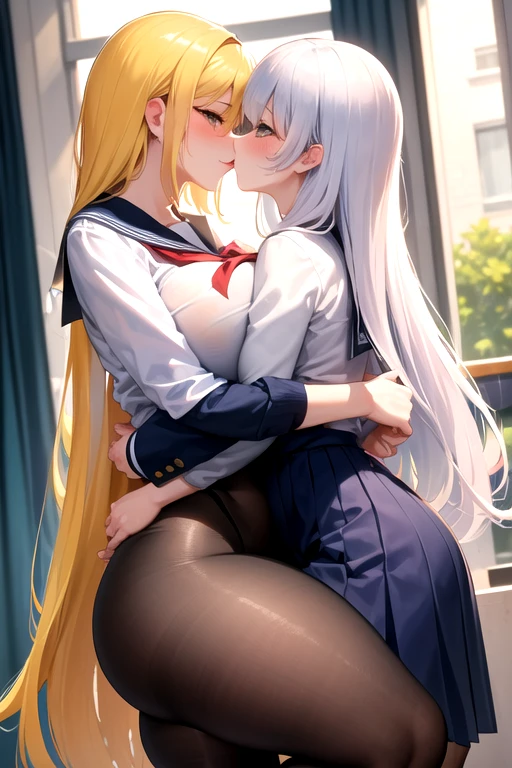 2girls ass blonde_hair breasts dat_ass female female_only hi_res huge_ass indoors light-skinned_female light_skin long_hair niliu_chahui original original_character school_uniform tokisaki_asaba tokisaki_mio white_hair yuri