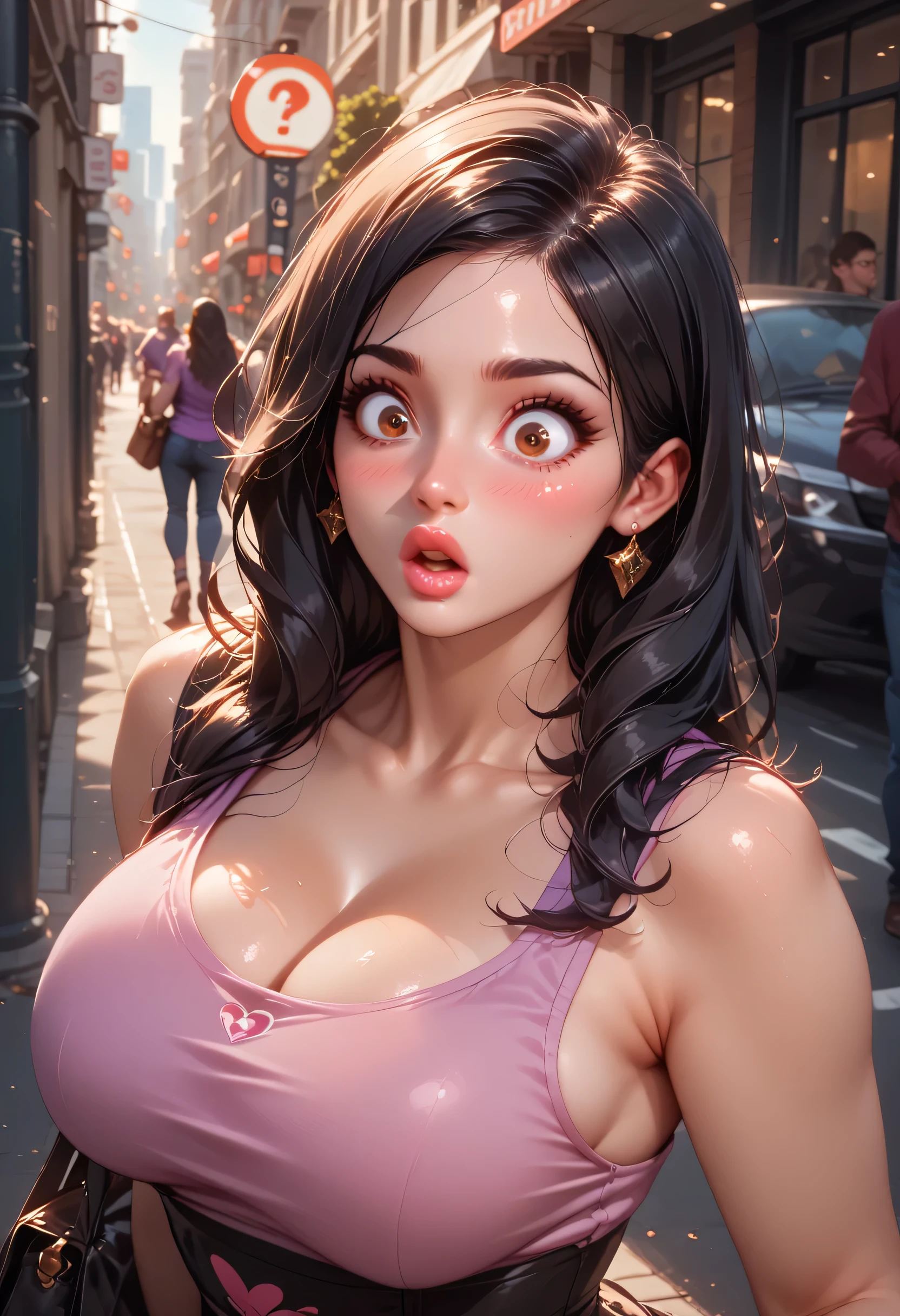 (perfect face), black hair, long hair, black thin eyebrows, brown eyes, big eyes, black eyeliners, nose, blushing, thick lips, pink lips, (surprised), big lips, collarbone, cleavage, medium breasts, purple tank top, beautiful face, city, street