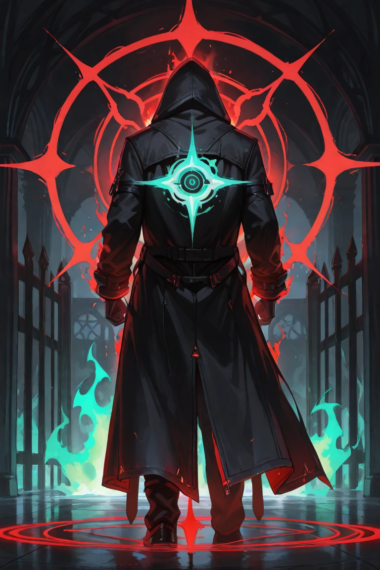 (masterpiece, best quality, amazing quality, very aesthetic, high resolution, ultra-detailed, absurdres,optimal quality), 2 huge gates \(1 red aura, 1 green aura\), 1 man in the middle, black hooded overcoat, warp zones, dark aura, magic circles