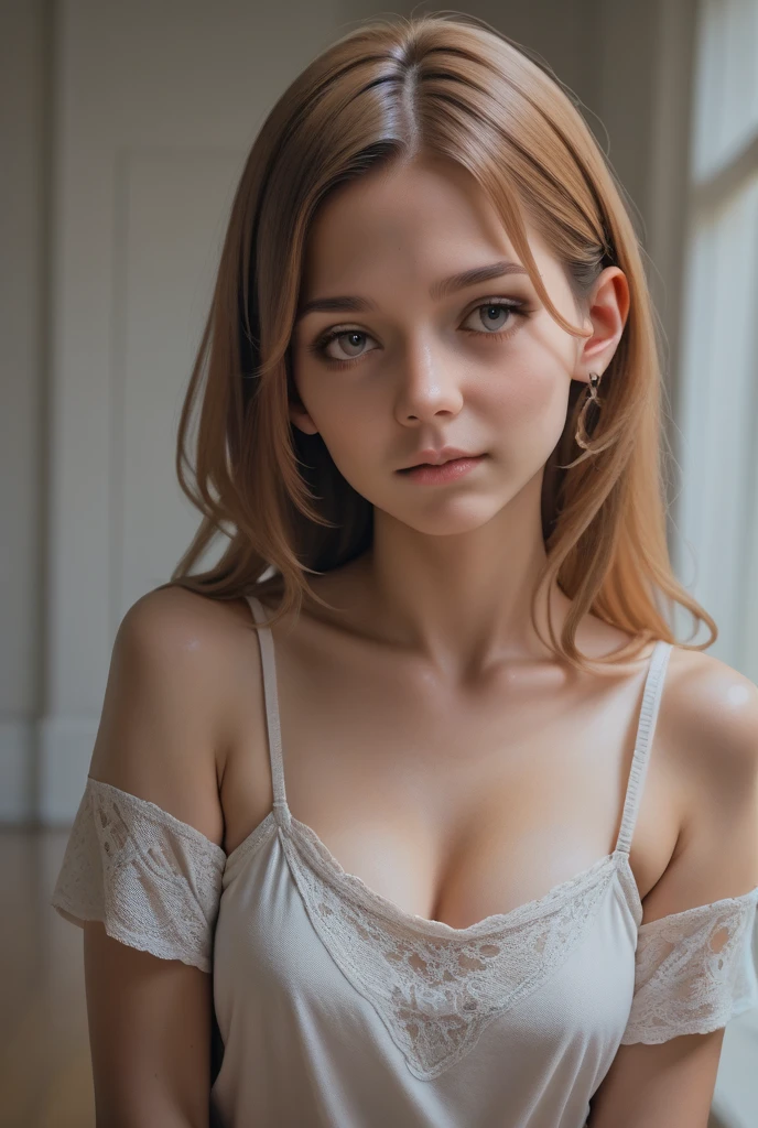 ((best quality)), ((masterpiece)), (detailed), 1 girl, young adult, fit, tall, attractive, long hair, blonde hair with blue highlights, shining hair, hair strands in front of face, gold hair clip, small face, short face, heart shaped face, defined jaw, round chin, full lips, detailed lips, attractive lips, playful smile, soft eyes, golden eyes, bright golden eyes, highly detailed eyes, playing badminton, nice , midriff, tight white clothes, wet, bending down, cleavage, realistic eyes