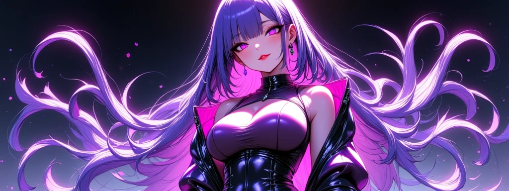 hair above one eye, red eyes, clear eyes, choker, open jacket, towards the wall,shining grafiti, shineing tattoos, shine, neon light, Black light,anime style, movie portrait photography, 1 female, 22 years ago, Full body Esbian,Blue eyes background, big and full breasts, Anger, (scarlet colored hair), long hair, purple eyes, wearing a short black dress, (natural skin texture vivid details, surreal, (realistic detailed eyes, natural skin texture, realistic facial details), soft and dramatic lighting, Depth of written boundary, bokeh, vivid details, surreal, 35mm movie, hazy blur, movie,lipstick, ear piercing, eye shadow, hoop earrings, Red-pink lips, Multicolored red eyes, purple theme,Wear an iridescent aura,beautiful eyes,stand in front of the red gate、bold pose、decide on a pose,upper ponytail,Hanging bangs,sit