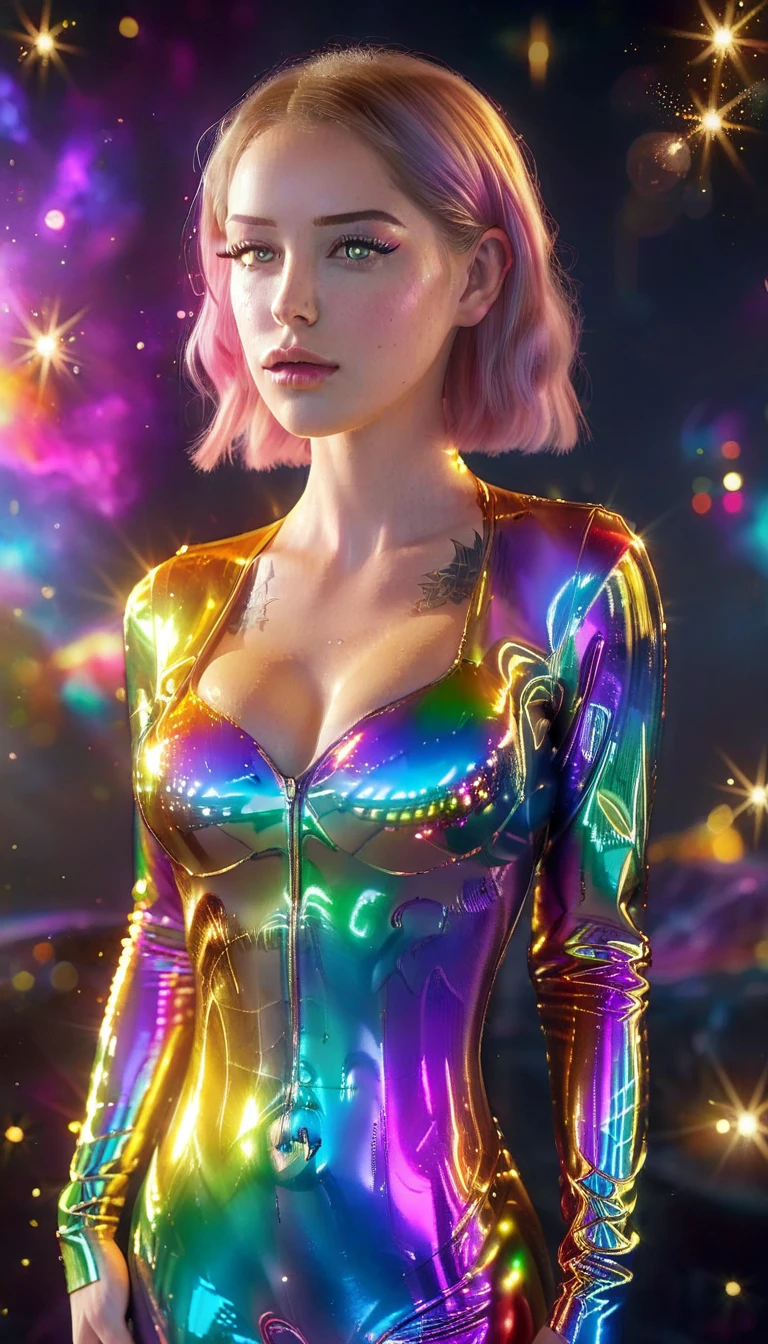 1girl, Fashion model, milano collection, colorfulglitter glowing clothes, stage, from below, low angle shot,  rainbowcolored spot light, realistic, hyper-realistic, photorealistic,ultra-detailed,(realistic,photorealistic,photo-realistic:1.37),vivid colors,dramatic lighting,