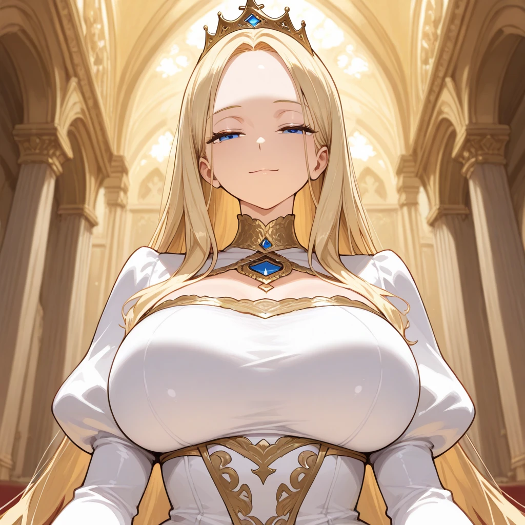 Artoria Lancer, woman, elegant, blonde hair, green eyes, casual clothes, crown, white cape, fur trim, portrait, head to bust, curvaceous, 4k resolution, high quality, castle interior, face focus, (((masterpiece))), bokeh