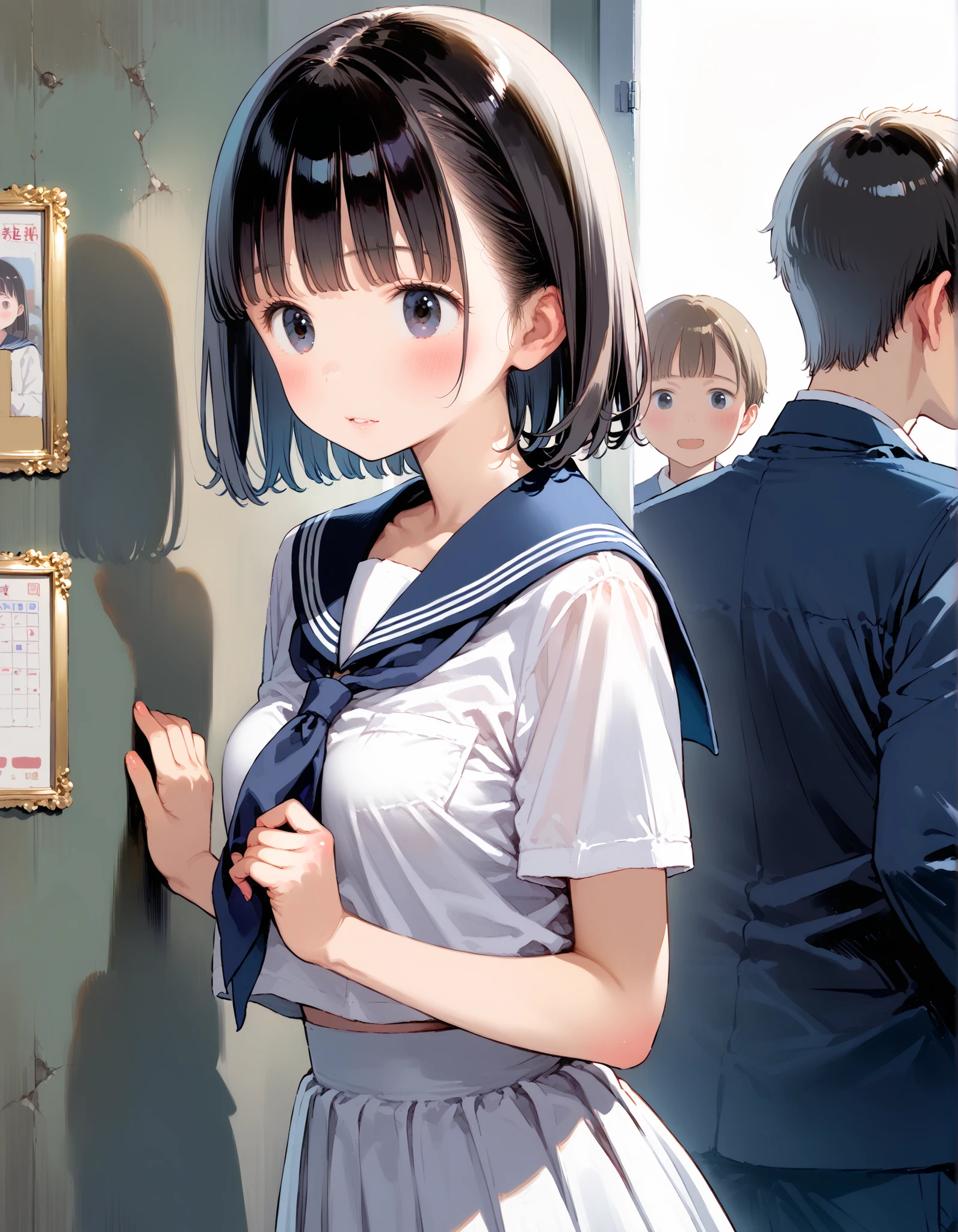 masterpiece, 8k, photorealistic, RAW photo, best quality, by Mr. Nomi glowing skin, (Dynamic Poses), Turn back, Breathtaking , classical navy blue sailor suit , Summer clothes, excited expressions, Hot Eyes , Natural black hair, bob cut hairstyle , white skin with a sense of transparency like silk, ( sweated :1.3), best by Mr. Nomi depiction, ( very well detailed美しい顔:1.5), Beautiful Dark Eyes , beautiful eyelashes on chest, (cute:1.3), lip gloss, (Natural Breasts, slim waist, Natural Ass), ( High Detail Skin :1.2), ( Perfect Anatomy), ( of the best quality:1.4), ( very well detailed), ( very well detailed CG 統合 8k 壁紙), very well detailed, Hi-Res RAW Color Photos, just standing, by Mr. Nomi portrait, ( detailed RAW photos of girls ), Canon EOS R5 250mm, sharp concentration, Cinema Lighting, 詳細な肌, Delicate clavicle, The detailed texture of the sailor uniform, Very by Mr. Nomi sailor uniform texture, ( in the bathroom:1.6), ( by Mr. Nomi:1.6), (High School Background),