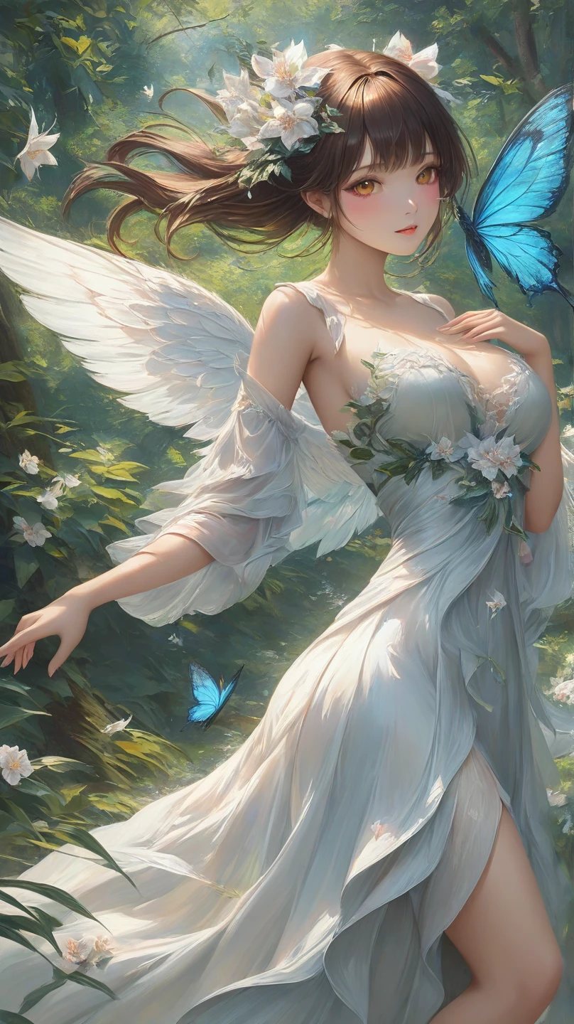 (best quality,4k,highres,masterpiece:1.2),angelic,flawless,woman,translucent,billowing,chromatic,silks,chromatic,butterfly,wings,star-studded,sky,descend