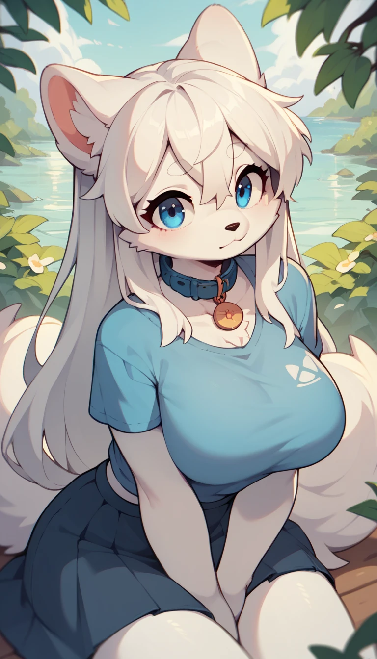 cute,,fur body, whole body, fox,蓝粉相间的头发蓝色fox尾巴,white skin,shy,Princess Crown,navel-baring outfit, Features, masterpiece, furry tail, current, shy的表情,(background:pink crystal palace),best quality, 4K, Full HD, mind,Big blue fox ears,Female body with big breasts,Royal ornaments,Sapphire vest,teenager,娇小cute,shy,Exposed clothing