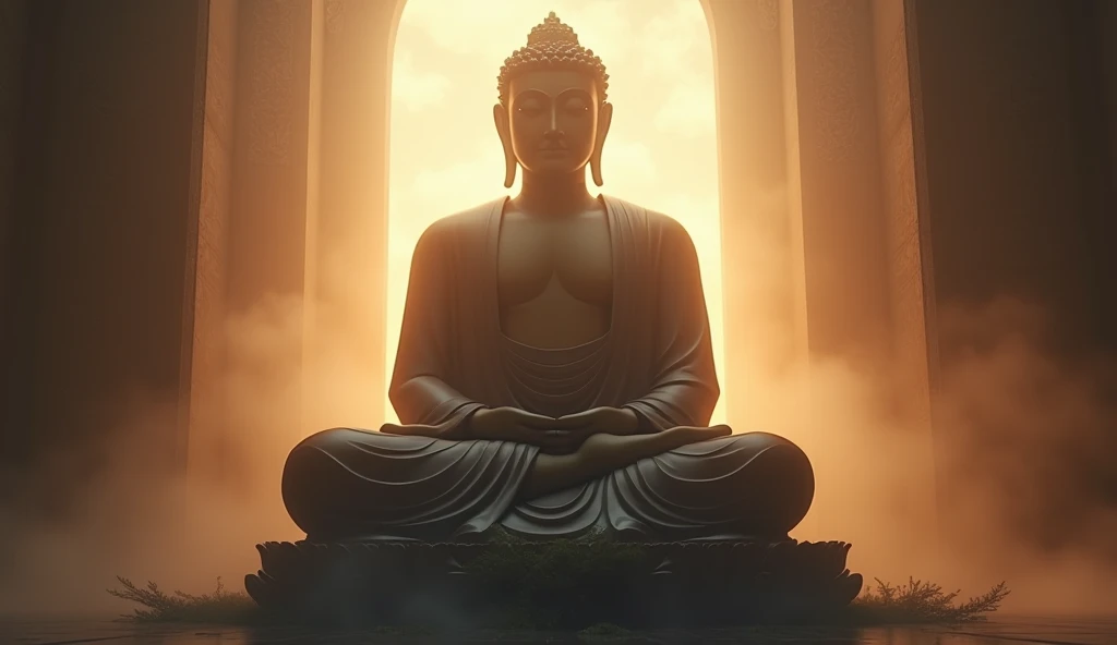 Create a 3D cinematic image of a majestic Buddha statue representing the Tathagata (Suchness) or Buddha of Great Enlightenment. The statue should be depicted in a grand and opulent setting that conveys a sense of supreme divinity and transcendence. Use a dark color palette to enhance the mystical and reverent atmosphere. The background should be rich and detailed, emphasizing the statue's monumental presence and spiritual significance. Include elements such as dramatic lighting and ethereal effects to highlight the Buddha’s exalted, transcendent nature, and create an overall impression of elevation and liberation from worldly attachments.