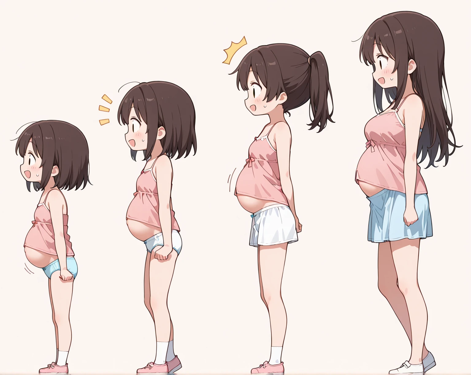 Draw a comic of 5 pictures where a girl is gaining weight. She sits with her stomach sticking out, she has a beautiful face, blonde hair and fair skin. In each of the pictures she sits in the same clothes, which gradually become too small for her. This is a White T-shirt through which the belly is visible and black denim shorts. In the first photo she weighs about 45 kg, in the second 60, in the third 75, in 4 85 and in the last about a hundred DRAW A COMIC WITH 5 DIFFERENT GIRLS IN A DIFFERENT SLIDS BUT IN ONE PICTURE real fat small tshirt tight pants big belly big brests gain weight thunder tights