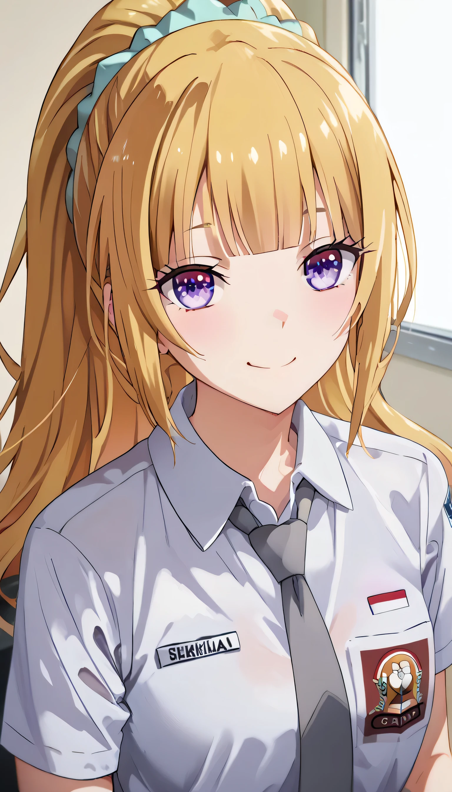 score_9, score_8_up, score_7_up, solo, 1girl, source_anime, keikaruizawa, kei karuizawa, long hair, bangs, blunt bangs, blonde hair, hair ornament, violet eyes, ponytail, scrunchie, ihsu,1girl, chihuri, warm smile, grey tie, name tag "Kei Karuizawa" on shirt, pov, looking at the viewers, red alma mater, mid level camera