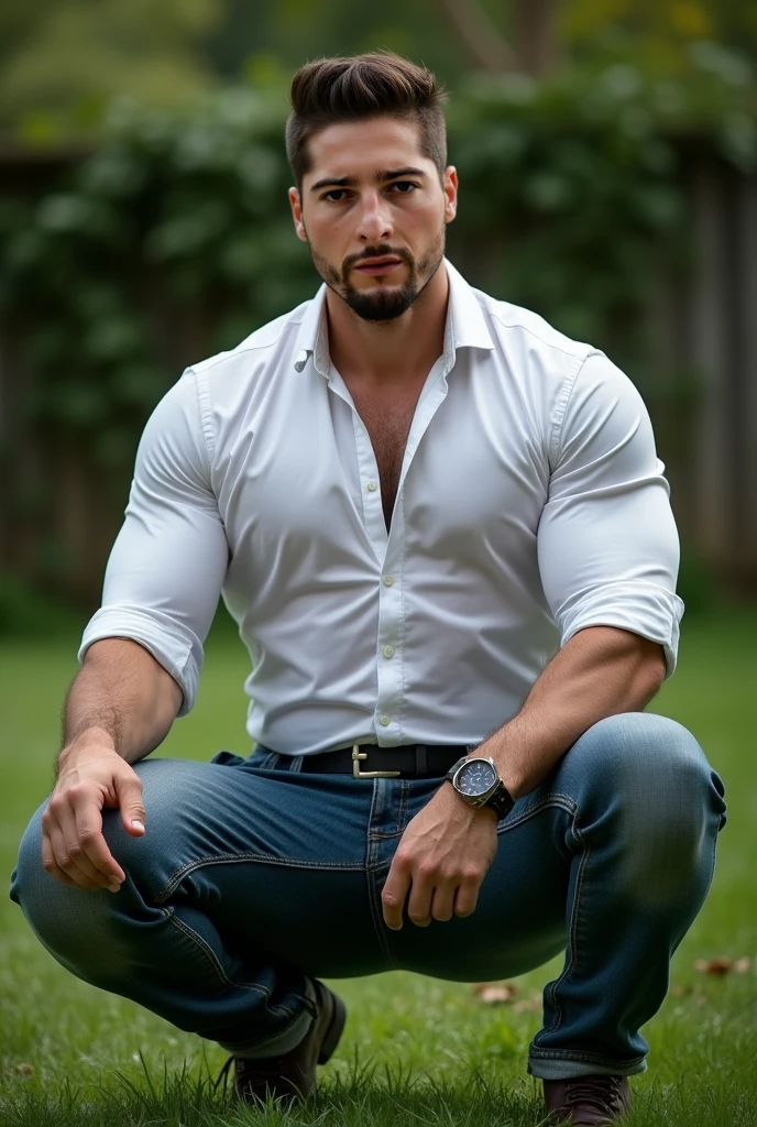 <lora:Theodore_Astor_V1_GV:1> Daddy, 44 years old, short black hair with silver streaks, grey eyes, handsome, professor, Masterpiece, photo-realistic, Crystal clear, highly detailed, college man, professor, Masterpiece, photo-realistic, Crystal clear, highly detailed, Hot guy sitting on a bench in a beautiful park, wearing tight belted denim blue jeans with a nice crotch bulge, and no shirt, showing off his great pecs, abs, biceps and (((large hard perky nipples))). <lora:muscle_slider_v1:-2>