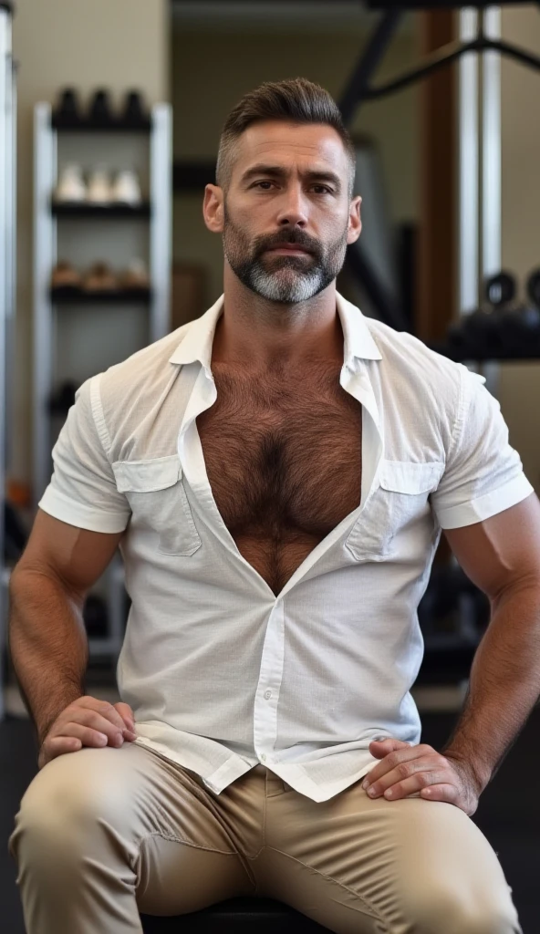 Portrait of a muscular 40 year old man.., He is wearing a white t-shirt and is naked., morbid
