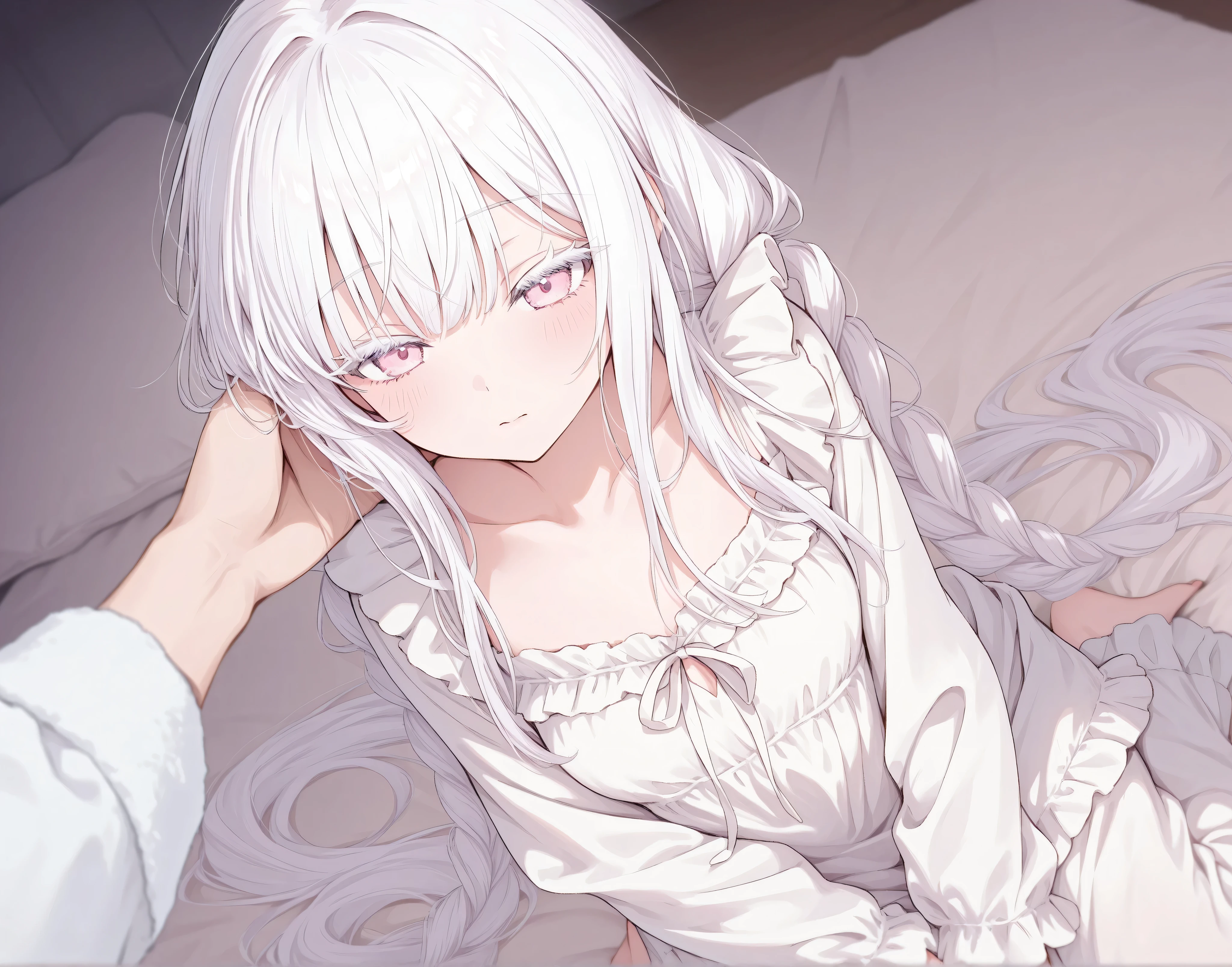 a girl,White hair,Two very long twists,Light pink eyes, white eyelash ,睫毛要 clear,Wear pure white pajamas,angel,Maid,feeling ,ambiguous, clear