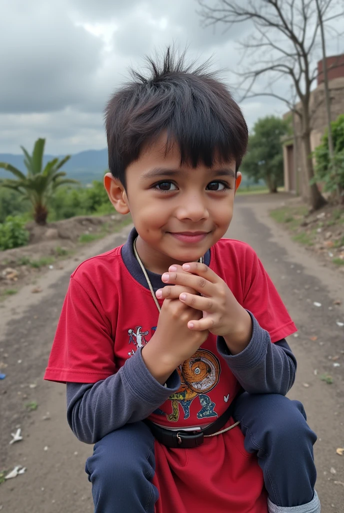One little boy in village croud cartoon 