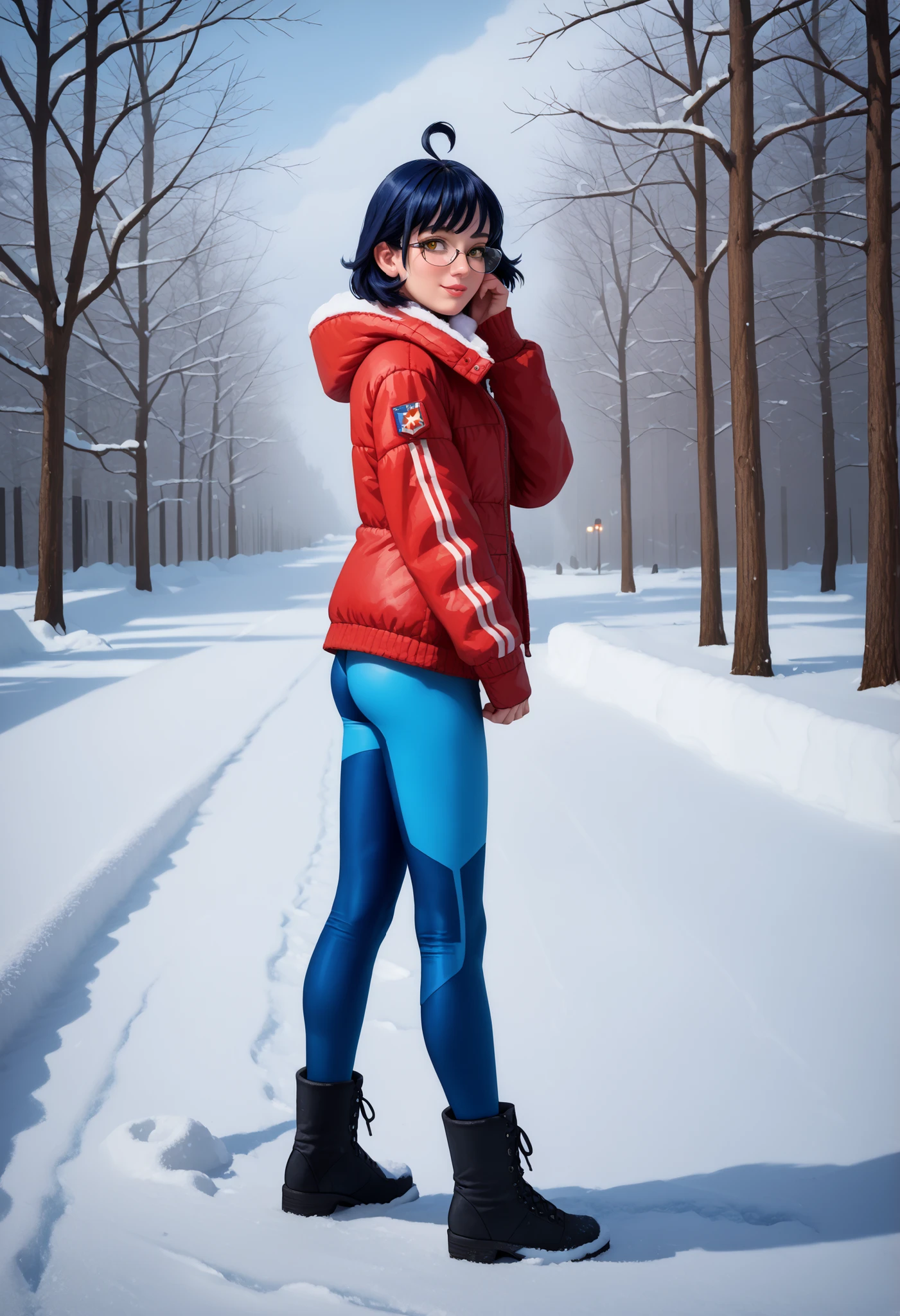 score_9, score_8_up, score_7_up, source_anime, winter mountain, full lips, side part, bubble butt, athletic, slim, shy smile, zal, full body shot, mz, ahoge, short hair, blue hair, yellow eyes, glasses, 1girl, solo, right side bangs, AniPnyXLQual, fashion model, zPDXL2, detailed style, knitted warm tight bodysuit, multicolored bodysuit, tiny puffed jacket, low boots, YR_GradLight, winter, snow, snowflakes