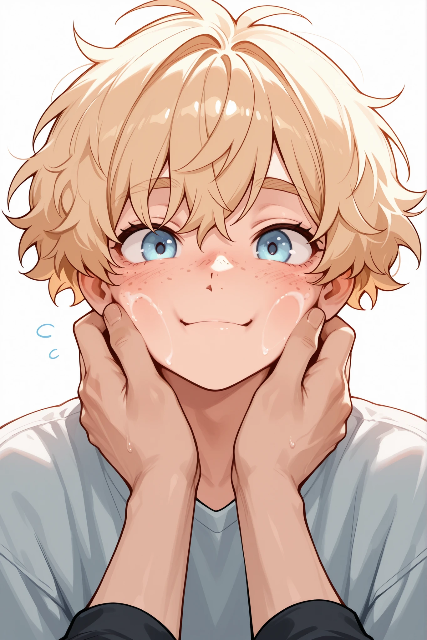 A very cute and adorable boy, he has beautiful short, fluffy blonde hair with bangs, light blue eyes, fair skin, and freckles on his cheeks.