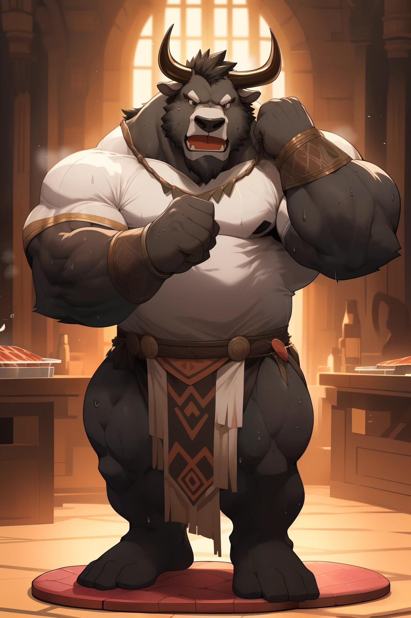 masterpiece, High quality, 8k resolution, Very Detailed, furry,(((Black Bull)),((( mature))),(((Strong))),(((portrait))),((( in the room))),For the audience,(((in transparent clothes))),(())),((( open mouth ))),highest quality scene,Lonely,Lonely,((( full body))),(((shameful))),(((Fierce))),(((sweat))),((Fleshy)),(((Round Face))),(((alone))),(((Strong body))),((())),(((The character moves to lift up to reveal the meat pad))),(((Loincloth))),Tall, big and muscular ,strong,The character looks down and looks down