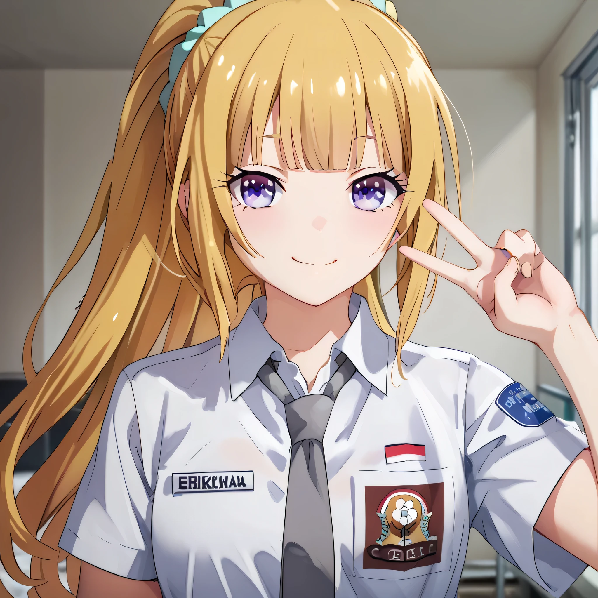 score_9, score_8_up, score_7_up, solo, 1girl, source_anime, keikaruizawa, kei karuizawa, long hair, bangs, blunt bangs, blonde hair, hair ornament, violet eyes, ponytail, scrunchie, ihsu,1girl, chihuri, warm smile, grey tie, name tag "Kei Karuizawa" on shirt, pov, looking at the viewers, peace, ✌️, mid level camera, cowboy shot 