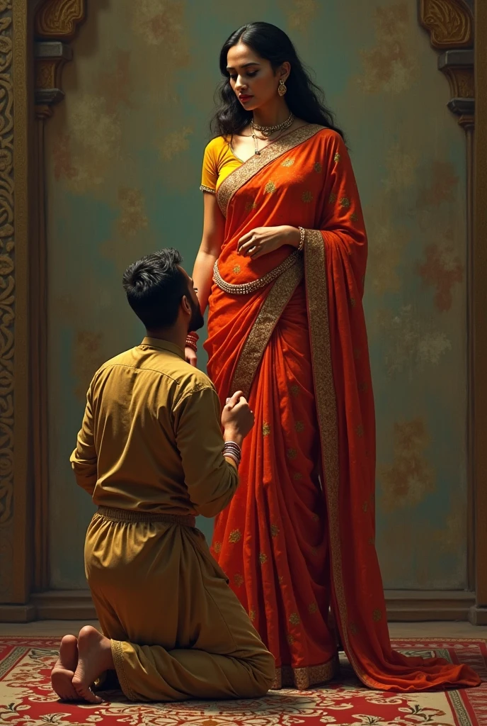Beautiful mature Caucasian woman standing haughty and dominant in saree, showing deep flat navel, He has a small, thin men in trousers and a school uniform on his knees., kissing her flat and sexy stomach.