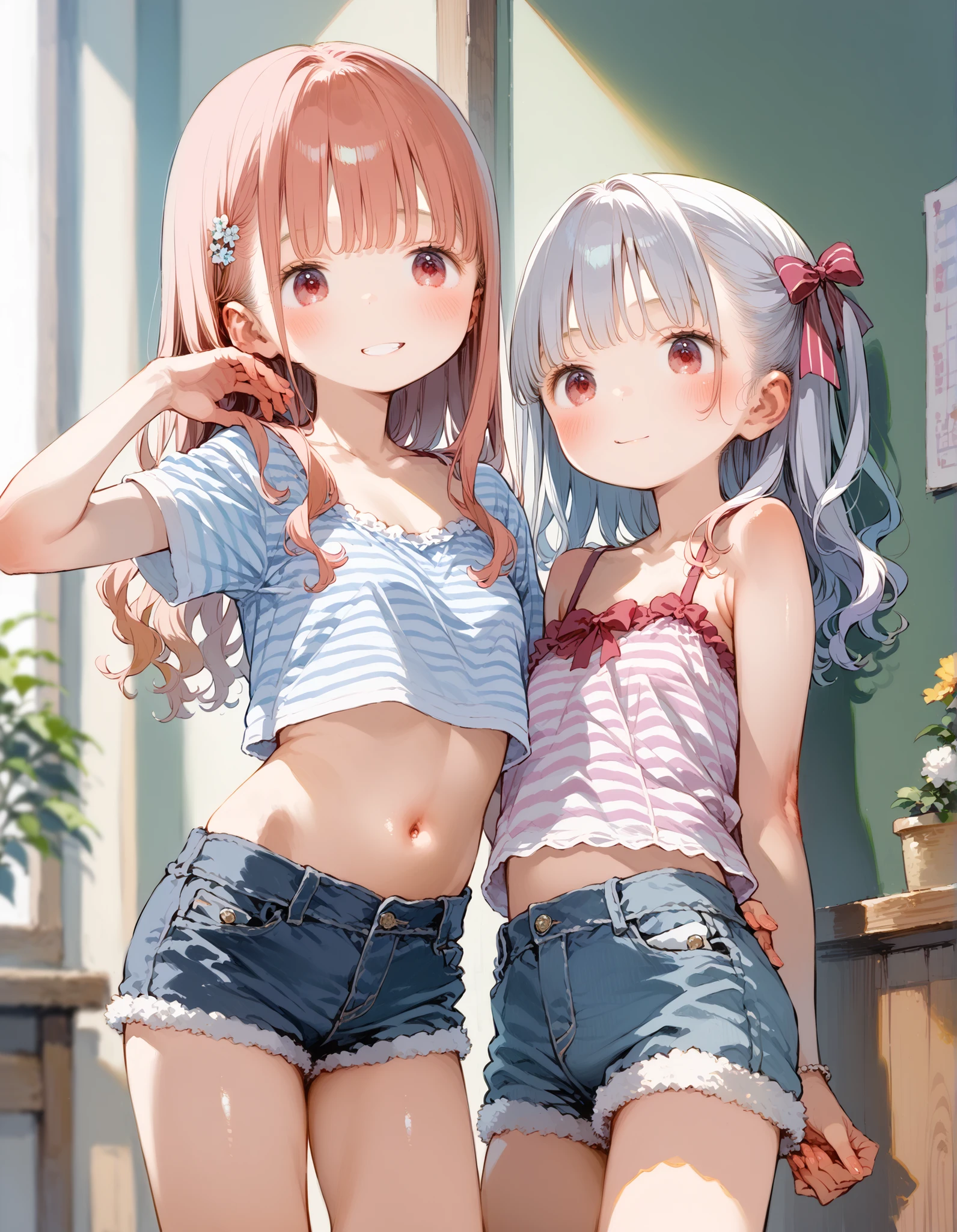 (Superflat, Flat Shading, flat-colors:1.1)、(Magazine Cover)、(Multiple girls)、Illustrations、((Lori、Petite、flat chested、A ))、White skin and beautiful appearance、white wavy hair、Red eyes、Petite、striped crop top、Children's Printed Panties、Smile、Bottom、from behind、colorful stockings、Volumetric lighting、Soft light、Bright、neons、Vibrant colors、watercolor paiting、