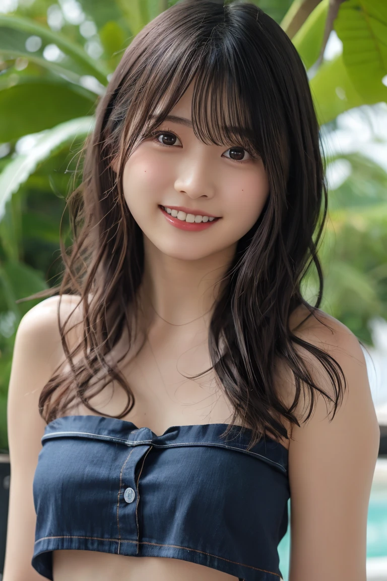 1girl in, (masutepiece:1.1), (Best Quality:1.1)、detailed photo、petite person、(Slimed、small tit、flat boobs、small tit)、sexy  pose:1.2、Wet body、sodden、sexy  pose、Wet body、sodden、A slender、From  above、Delicate and sexy collarbone、16-year-old woman、（Navy Blue Sport Mini Dress）、Painted from head to knee、Show your teeth and laugh out loud