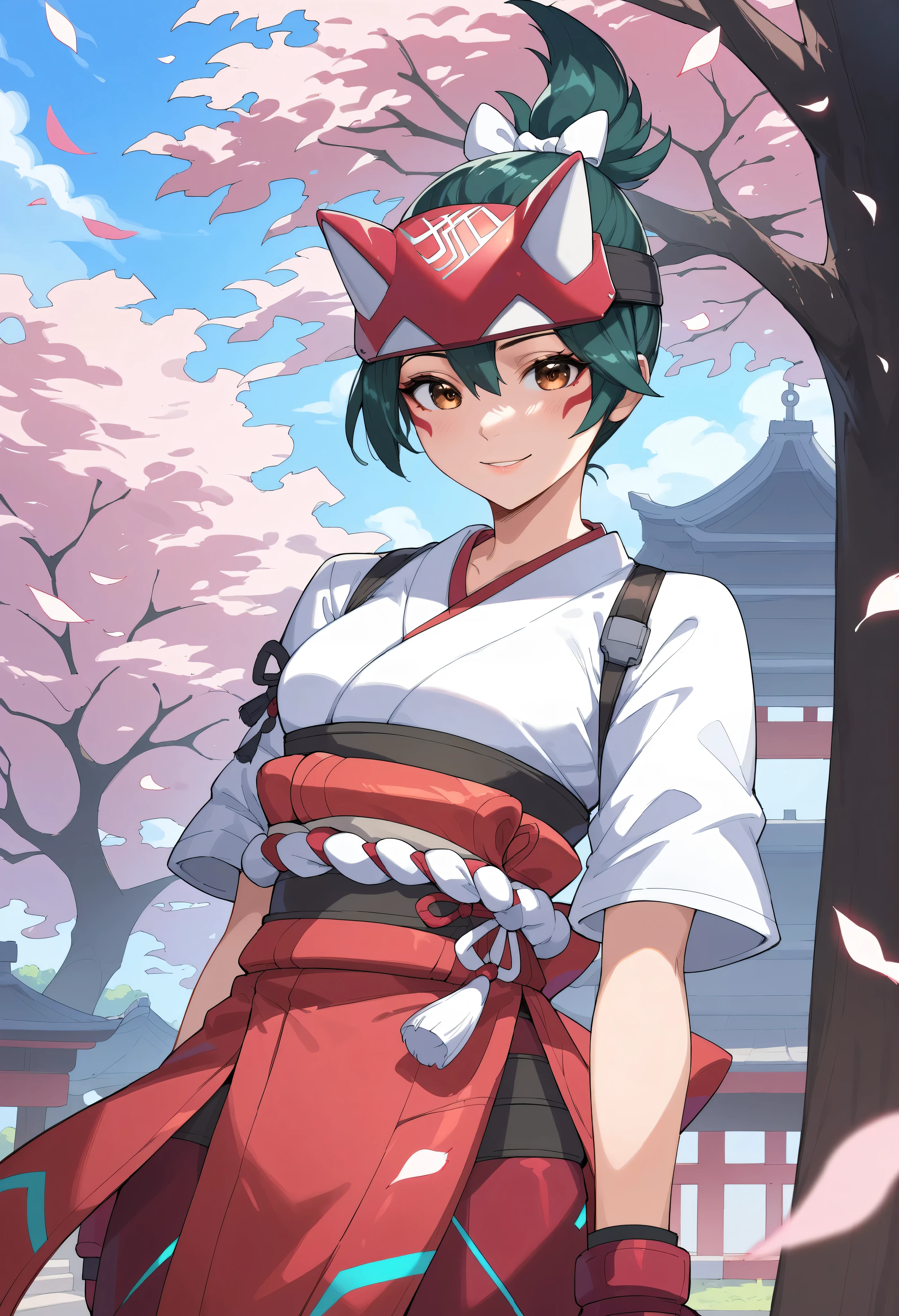 score_9, score_8_up, score_7_up, BREAK source_anime, best quality, masterpiece, 1girl , BREAK kiriko_(overwatch), Kiriko's mask, short hair, kiriko_ponytail, (brown_eyes), seductive smile, kimono, standing, (sakura tree background),