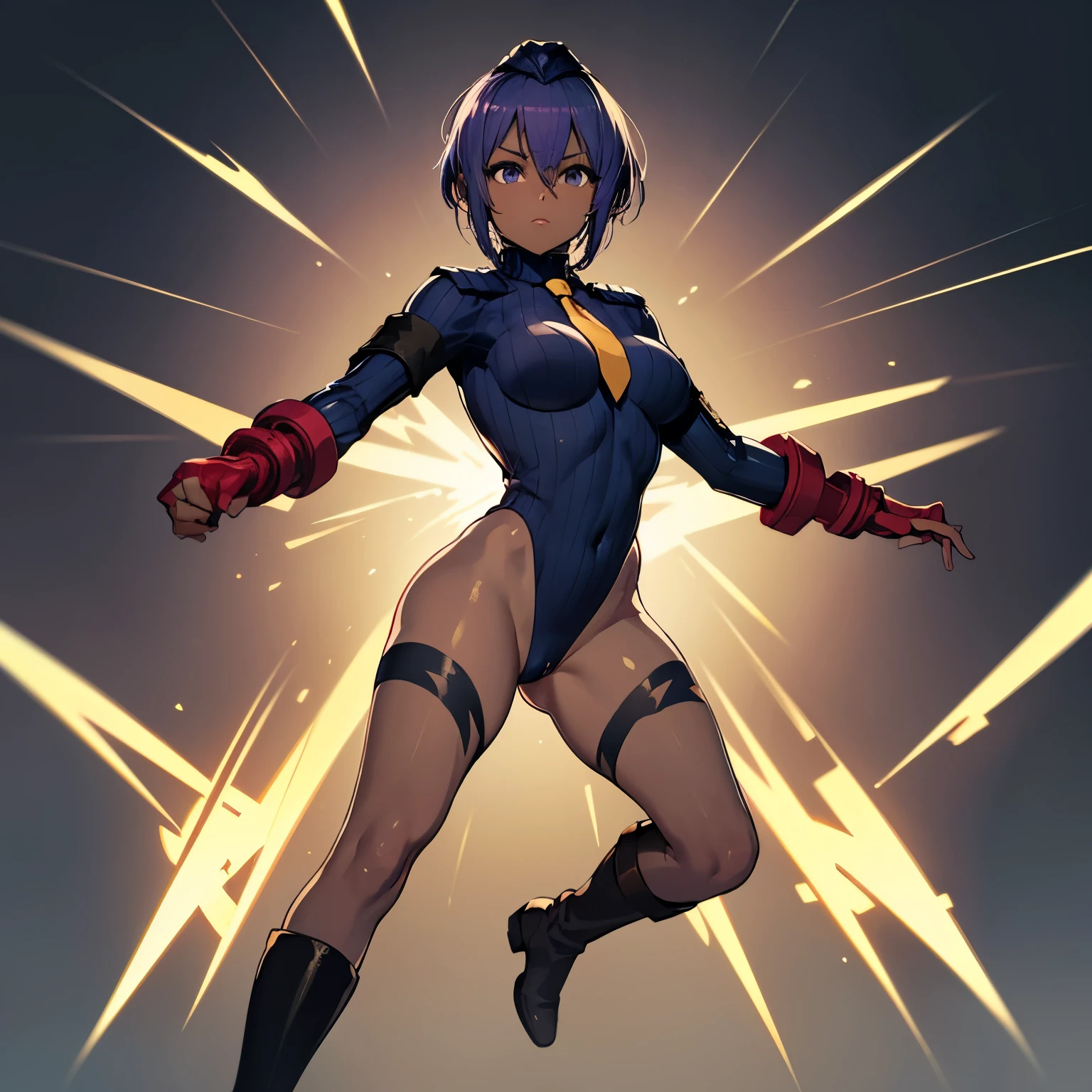 ultra-detailed, Explicit, Beautiful body, Beautiful Nose, Beautiful character design, perfect eyes, perfect face, ultra highres, 4K, beautiful legs, perfect legs, Nice hands, Perfect hand, Masterpiece, Best Quality, Highly detailed, illustration, absurdres, perfect anatomy, street fighter, doll suit, shadaloo doll, dollsuit, expressionless, blank eyes, looking at viewer, red gloves, emotionless, black latex, corrution, mind control, female combatant, full body, hypnotized, unhappy trance, full body suit, ribbed bodysuit, both arms at side, obey, perfect female body, extremely glossy latex, hypnosis, hypnoLora, empty eyes, Mind control device, poses, submissive_pose, Slave, hat, necktie, stand up straight, standing, standing at attention, hat, necktie, belt, latex, ribbed bodysuit, thighhighs, garter belt, Fighting Stance, extending the right arm from the shoulder into the air with a straightened hand, military, thigh boots, 1girl, Solo, Chess Belle, Seraph of the End, medium hair, blue hair, red eyes, hair ornaments, vampire