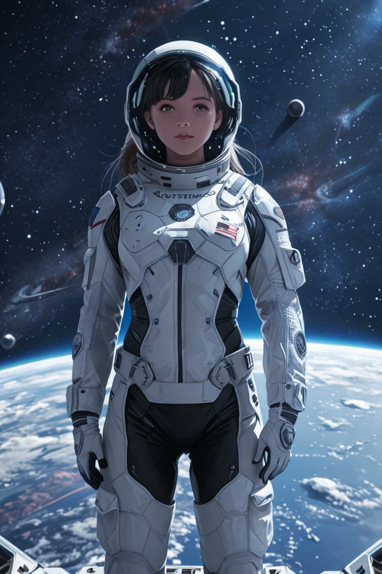 (photograph of a detailed beautiful 18-year old woman with ((facial and body characteristics that is similar to Kristina Pimenova))), finely detailed, ultra-realistic features of her pale skin and (slender and athletic body), and (symmetrical, realistic and beautiful face), Propel viewers into outer space with an astronaut's zero gravity exploration. The model, clad in a futuristic space suit, gracefully floats in a simulated zero-gravity environment. The camera, a DSLR with a fisheye lens, captures the otherworldly scene from a frontal angle, accentuating the curvature of the Earth in the background. The model's hair is styled in a sleek and functional astronaut helmet. Props include scientific instruments. The photographic style is high-tech and immersive, with a cosmic color palette.