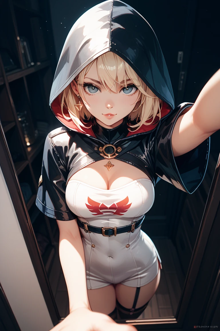 top-quality、Top image quality、masterpiece、An elf girl((18year old、Best Bust、big bast,Beautiful blue eyes、Breasts wide open, Blonde twintails、A slender,Large valleys、Reflecting the whole body、red scarf、Clothes in black robes、Undressing Pose、Lie on your back on the floor))hiquality、Beautiful Art、Background with((Inside a triangular tent、nigh sky)))、,masutepiece、visualart、depth of fields、