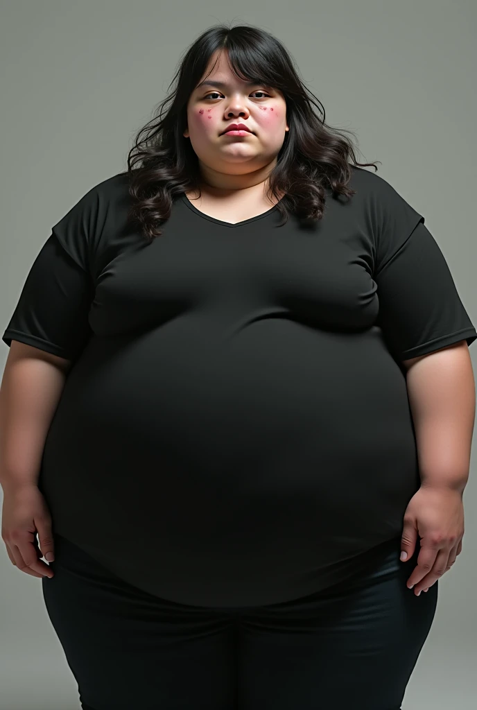 a slender young female, visible abs, full body shot, right profile, (severely obese:1.5), highly detailed, photorealistic, 8K, realistic lighting, cinematic composition, dramatic pose, piercing eyes, natural skin texture, dramatic shadows, warm golden hour lighting, realistic skin pores and imperfections, detailed clothing folds and wrinkles