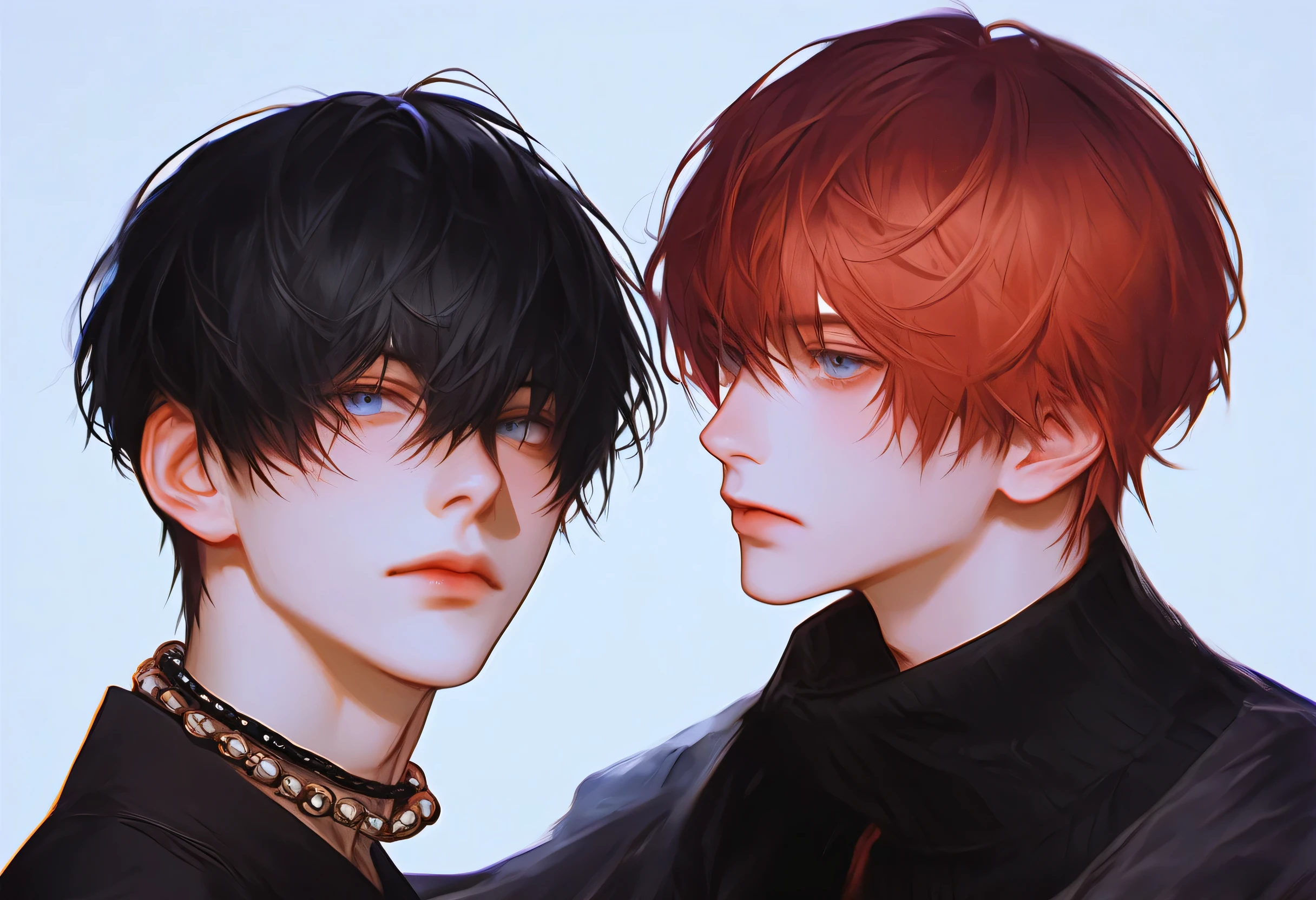 Double, two people in the water,Couple boys,lover,stylish anime style illustration,depicting two young men。They both have short hair。eyes,black hair,expression with a slightly relaxed;The man on the right has red,red hair,expression, more serious。the man on the right wears multiple layers of black Beaded necklace {x} The man on the left rests his arm on the shoulder of the man on the right,showing a friendly gesture。To create a dramatic effect。This work should use thick lines、and the man on the left has strong blue eyes,Pair it with a simple、and a simple background to highlight the character。-- image aspect ratio 9:16 ,style intensity ,uses the Niji 5 pattern。