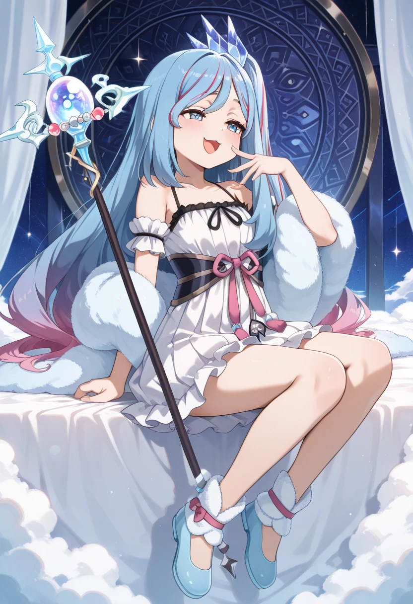 (Masterpiece, Top Quality), 1girl, ite, flat chest, solo, {cosmic colored dress}, {cosmic colored angel wings}, {white gloves}, {white tights}, {cosmic colored loafers}, sitting, {twin tails}, {blue ribbon}, smile, white hair, {tea cake}, {girl same size as tea cake}, {sitting on cake stand}, big macaron next to her, star carrenne next to her, small tecap,