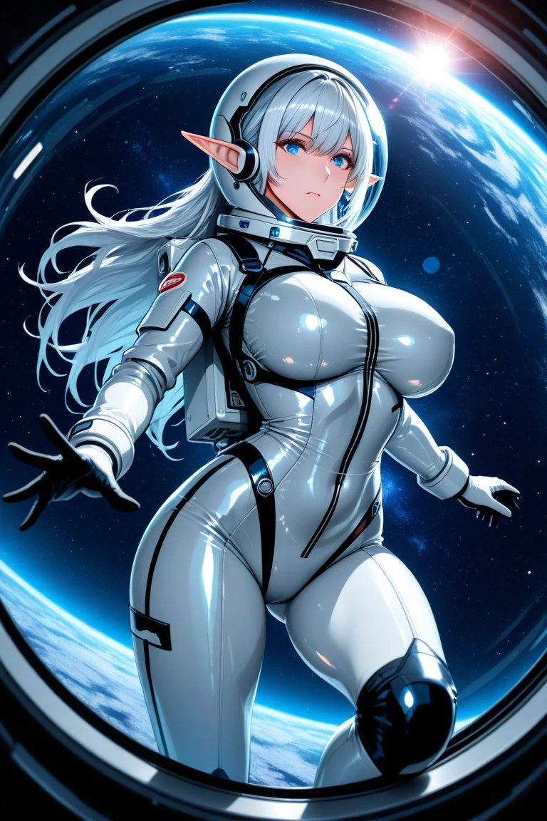masterpiece, hyper-detailed, anatomically correct, super detail, high details, best quality, dynamic angle,, an elf, beautiful, white hair, innocent blue eyes, silver elven astronaut outfit, perfect body shape, big breasts, wearing clear glass space astronaut helmet, floating on space, dynamic pose, interstellar, elven spaceship background, blck hole, bright light, depth of field, lens flare, beautiful outer space scene