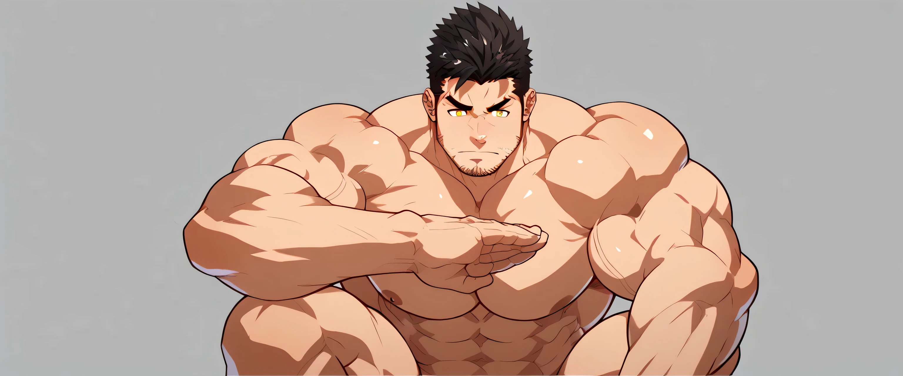 score_9,score_7_up,score_6_up,score_5_up,score_4_up,zabaniyya \(housamo\), muscular, 1boy, male focus, bara, thick thighs, muscular male, stubble, solo, facial hair, thighs, nude, pectorals, black hair, yellow eyes, frown, large pectorals, mature male, thick eyebrows, transparent background, bulge, thick arms, tight, spiked hair, manly, muscular wrestlers, no clothes, no pants, front view, nude, Pose with hand behind the head, dynamic view