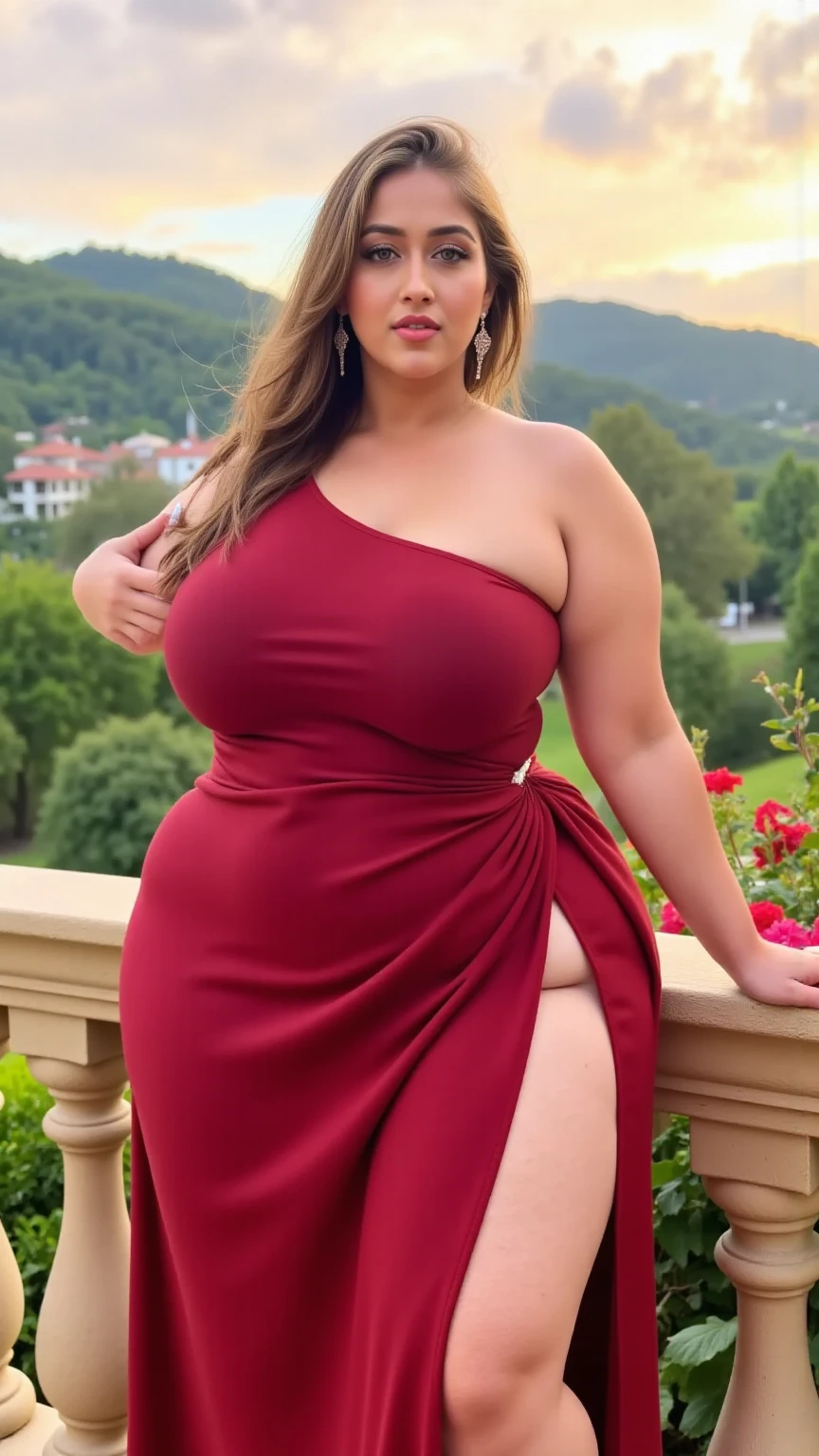 araffe woman in a red dress, magical outdoor location, lorena avarez, perfect body, green eyes, in a red dress, sexy red dress with massive slit in the centre revealing sexy legs, wearing a longv red dress, wearing a long red dress, tight dress, curvy hourglass figure, woman wears a long red dress, curvy model, long red dress, irina nordsol kuzmina, profile pic, curvy figure, huge breasts, tall, sexy pose.