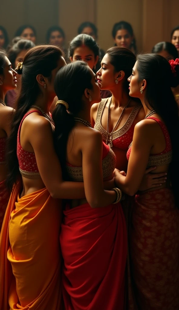 Indian bride in transparent red saree no blouse, stroking and licking banana with tongue sticking out, friends squeezing bride's ass , groping brides tits