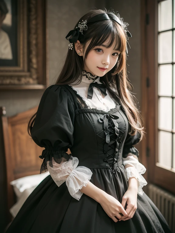 1girl, 12 years old, Famous idol, 1cute girl, very young face, masterpiece, high quality, small face, (very small tits:1.8)Gothic lolita fashion style, dramatic angle:1.4, Stroll around town,half smile:0.5,