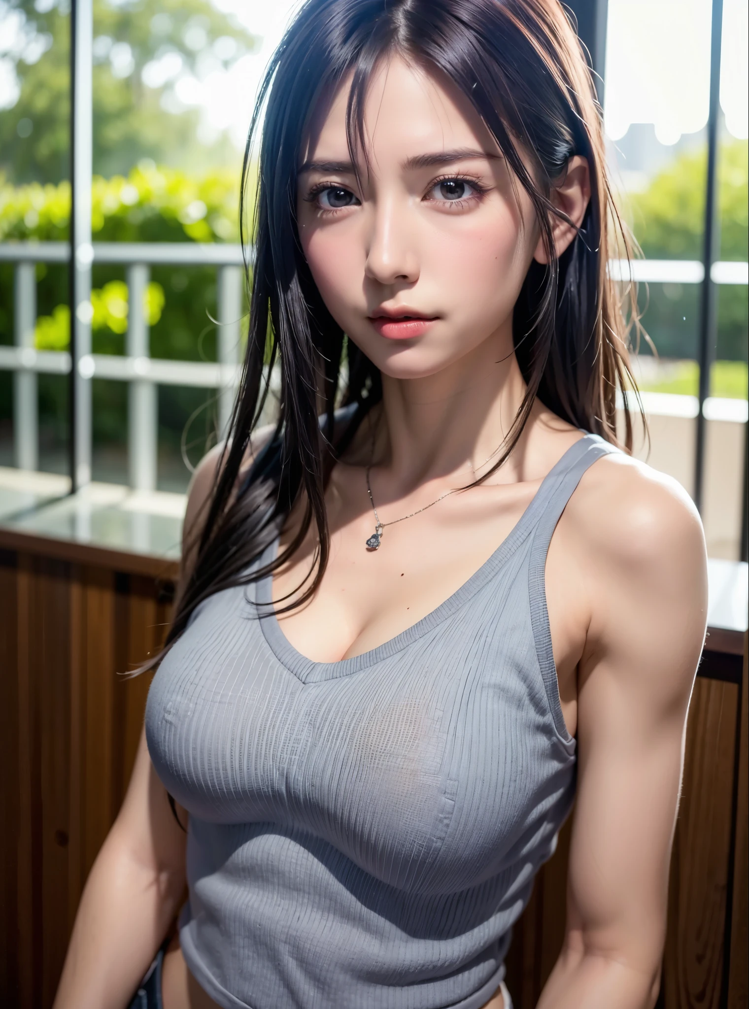 (Best quality, 8K, masutepiece, Ultra HD: 1.3), 1girl in, Big Mimi ,Light brown hair, Blunt bangs, hair behind ear, hair over shoulders, Long hair, Slender body type, ultradetail face, Delicate lips, Beautiful eyes, Double eyelids, lipsticks, thin blush ,Black eyes ,perfect glossy shiny skins,Flawless skin White skin of the ,Sparkling sweat,Catch your eye, chest,Ultra-thin pointer, Ultra-thin fingers, Shirt with collar, Tight skirts , beautifullegs ,Low heels. outside of house、Halfway through the appointment