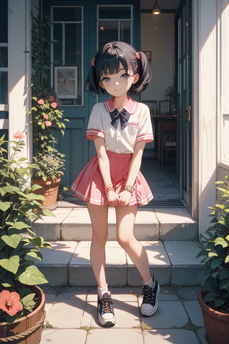 (best quality), short skirt, red sandals, , soft light, light smile, standing down on her feet, densely covered with rose branches.