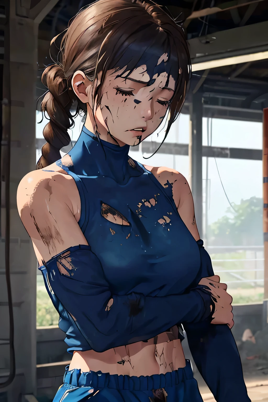 Chun li, street fighter, hair with two white buns and ribbons, Chun li uniform, best image quality, masterpiece, super high resolution, (fidelity:1.4), photo, 1 girl, white shirt, torn jeans, white sneakers, dim, darkness, despair, pity, poor, movie, tears, teardrops, (torn clothes:1.5), (wet clothes:1.4), bare shoulders, real rain, wet hair,..