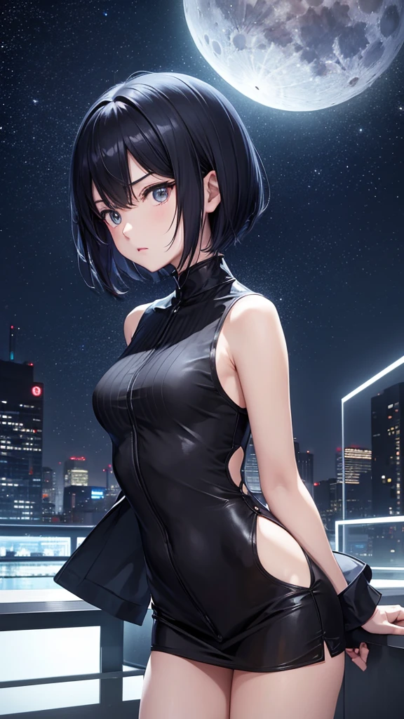 ((perfect anatomy:1.2,realistic:1.4,RAW Photography:1.4,masterpiece、highest quality、Ultra - High resolution、High resolution、Highly detailed CG、8K))),cowboy shot,1 female,solo、18 year old beauty,Japanese,((beautiful detailed face and eyes:1.3,gorgeous eyes:1.3,gray eyes)),black hair,long hair,straight hair,ponytail hair,blunt bangs,blush,(medium breasts,slender body,small head:1.2,skinny),(gleaming skin:1.4,oily skin:1.5,shiny skin)、(kimono、Sleeveless、Black tight skirt、Deep slit)、at night、High-rise buildings、rooftop、moonlight、