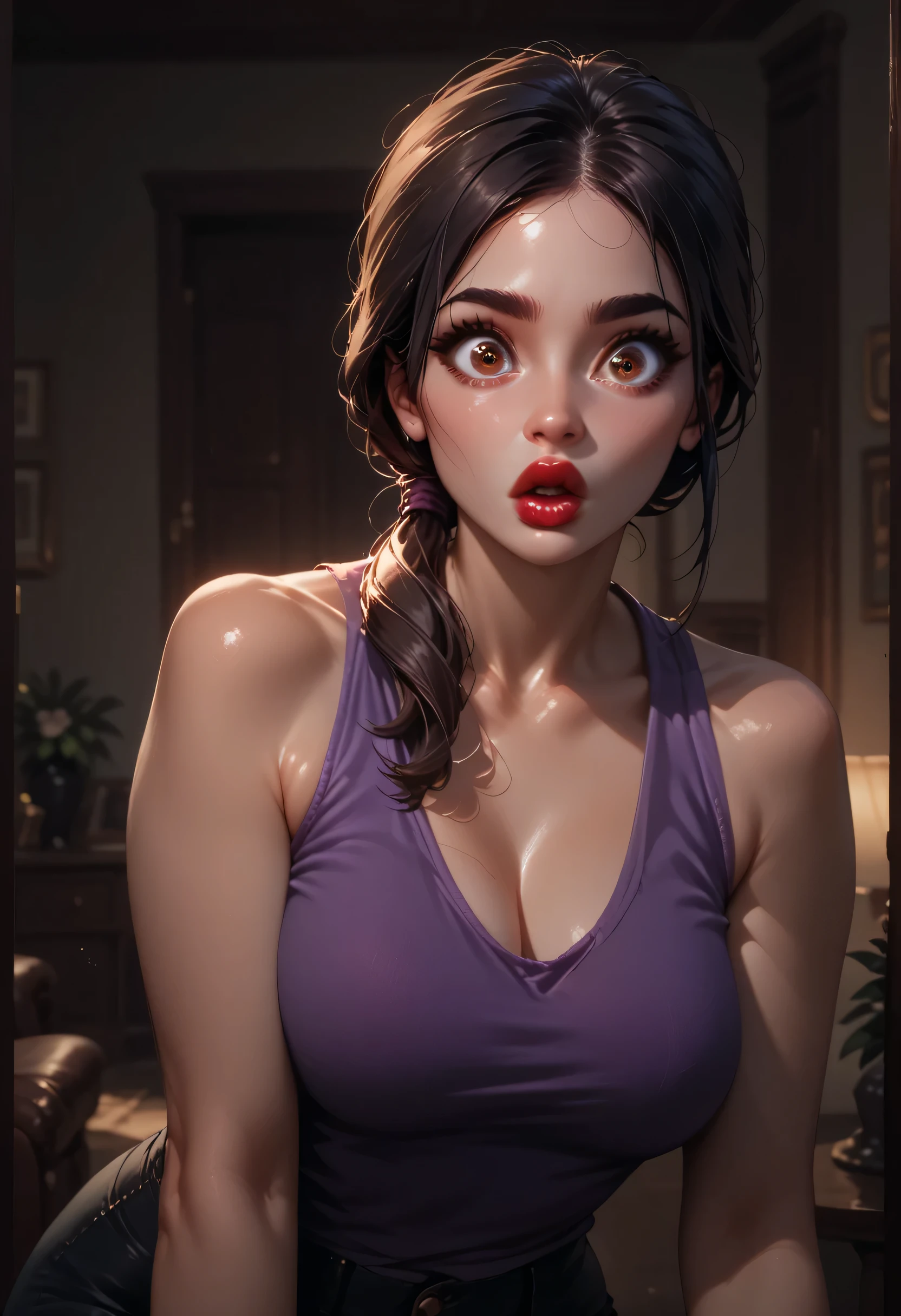 1girl, perfect face, black low ponytail, black round eyebrows, black eyeliners, brown eyes, big eyes, nose, thick red lips, (surprised), (big lips), beautiful girl, v-neck, purple tank top, room living