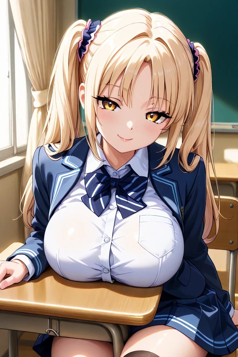(((Upper Body、Take a close-up photo of your chest))、(((Accentuate your breasts、Shiny underwear)))、Highest quality, 8k, masterpiece :1.3)), whole body, Sharp focus :One Girl,Glowing Skin,Sexy pose,Highest quality,Tabletop,shape,Very delicate and beautiful,Hmph,8k壁紙,wonderful,In detail,Official Art,Very detailedなティッカーUnity 8k壁紙,Unbelievably ridiculous,Large file size,Very detailedな,High resolution,Very detailed,Beautiful detailed girl,Realistic,X-ray,The queue is full,(((Uniform Blazer、mini skirt)))、(((Big Breasts、blonde)))、(((classroom、During class、School)))、Stand upright、Cleavage , ((Long golden hair、loosesocks))、Uniform Blazer、exy pose、Hairstyle: Long hair、both hands、White loose socks
