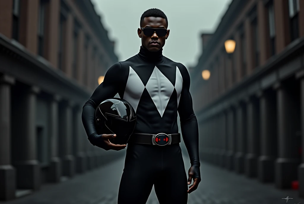 Mighty morphin power rangers Adam park in his black power ranger suit sitting down